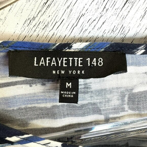 Lafayette 148 Dress Womens Size Medium Blue Striped 3/4 Tie Sleeve Sheath - Picture 2 of 6